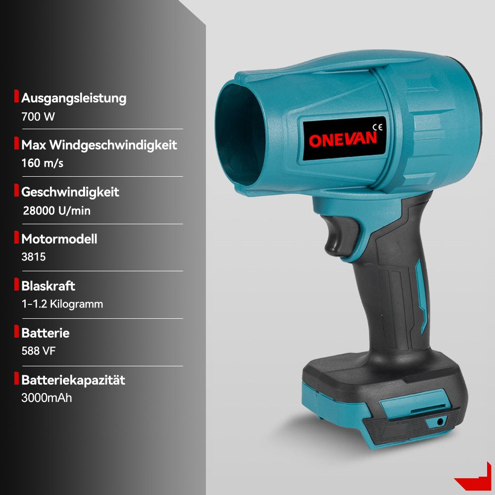 Ein türkisfarbener und schwarzer kabelloser Handgebläse mit deutschen Produktspezifikationen auf der linken Seite.