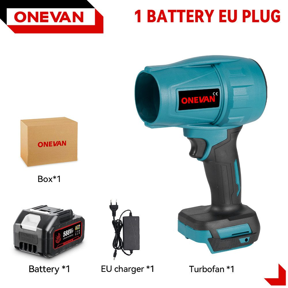 Ein türkisfarbener und schwarzer kabelloser Handgebläse, eine Batterie, ein EU-Ladegerät und ein Karton auf weißem Hintergrund.