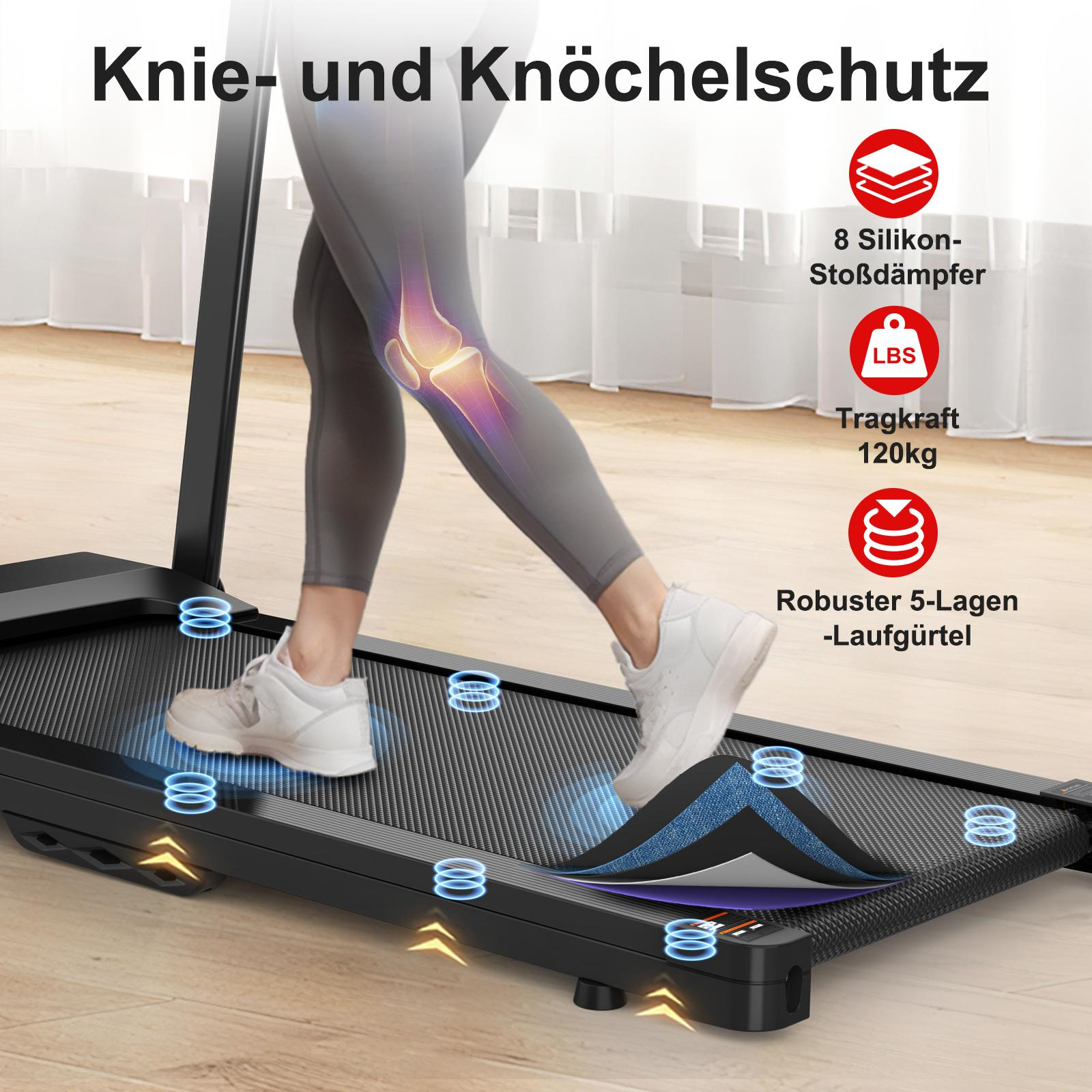Eine Person, die auf einem schwarzen Laufband geht, mit Grafiken, die die Funktionen des Laufbands zeigen.