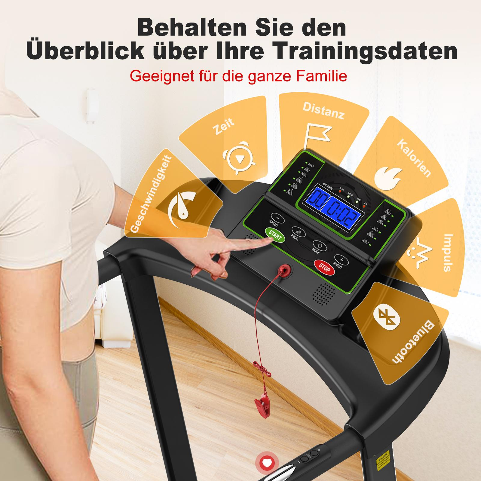 Eine Person, die das Display eines schwarzen Laufbands berührt, mit Grafiken, die die Funktionen des Laufbands zeigen.