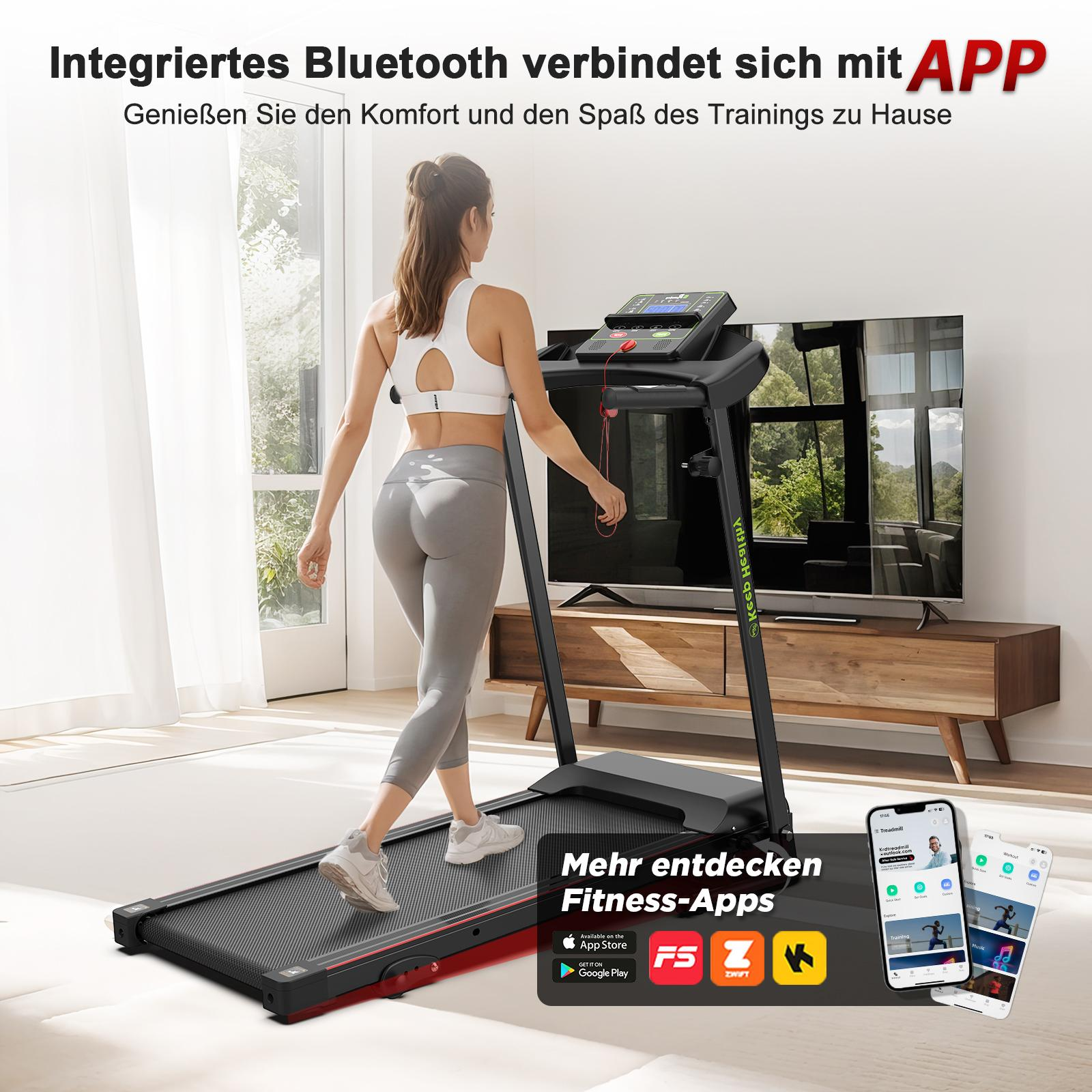 Eine Frau, die auf einem schwarzen Laufband geht, mit Grafiken, die die Funktionen des Laufbands zeigen.