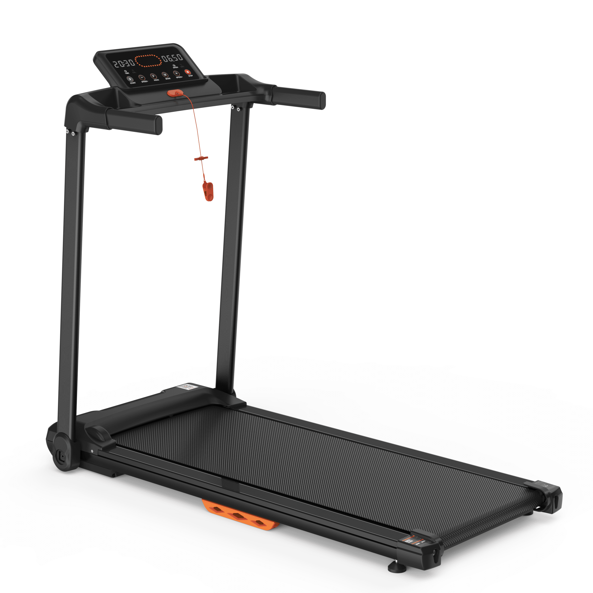 Ein schwarzes, zusammenklappbares Laufband mit orangefarbener Basis ist auf weißem Hintergrund abgebildet.