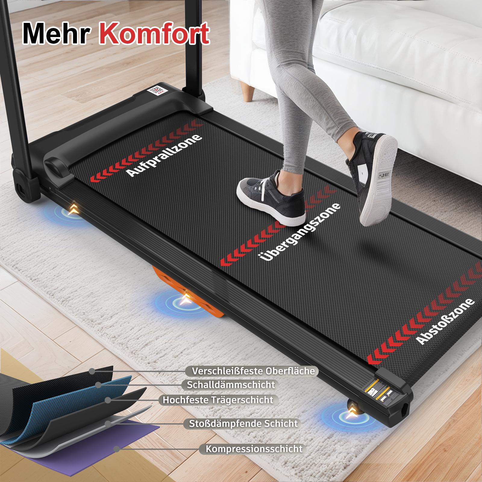 Eine Person geht auf einem schwarzen Laufband mit beschrifteten Zonen und Details zur mehrschichtigen Konstruktion.