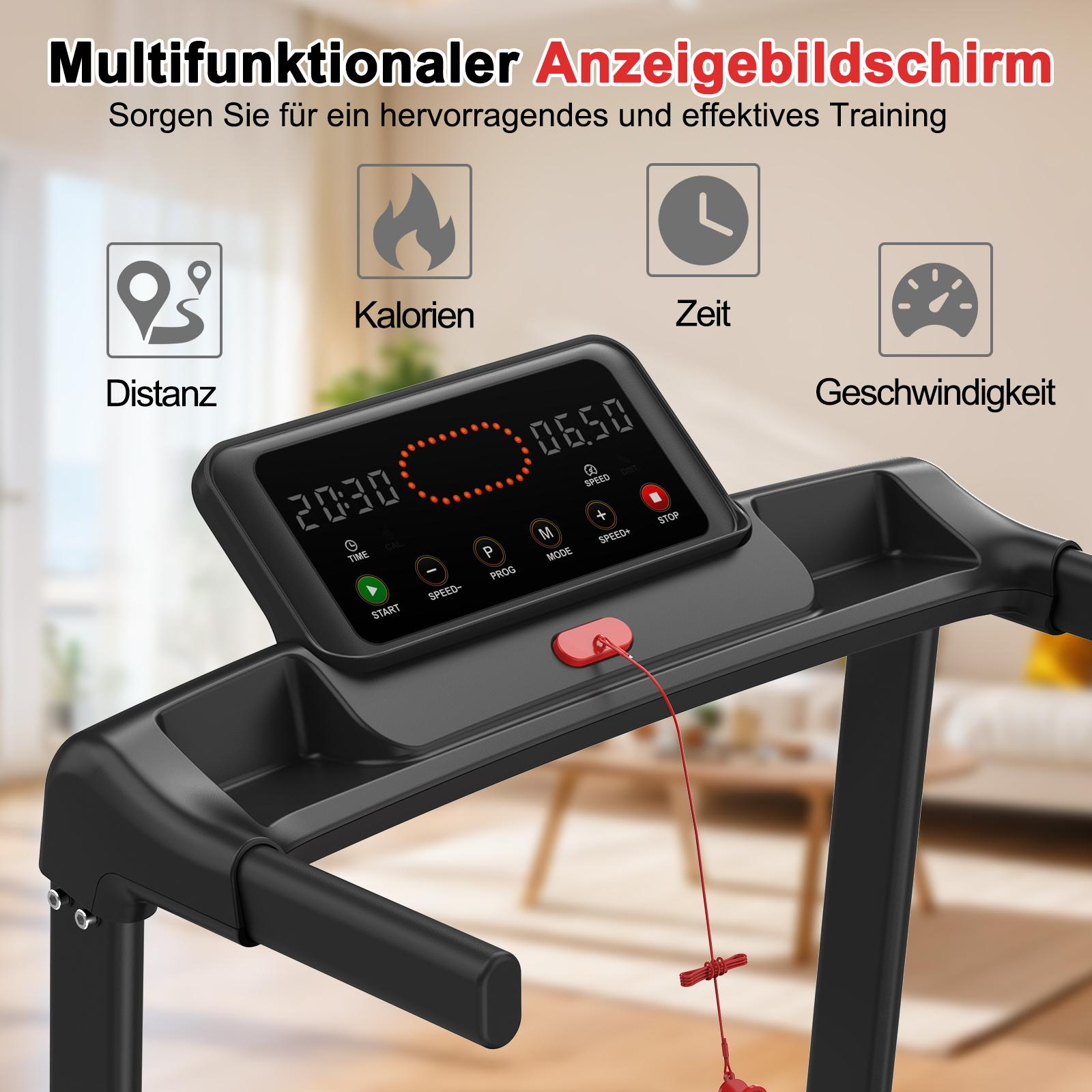 Die Konsole eines schwarzen Laufbands zeigt Statistiken wie Entfernung, Kalorien, Zeit und Geschwindigkeit an.