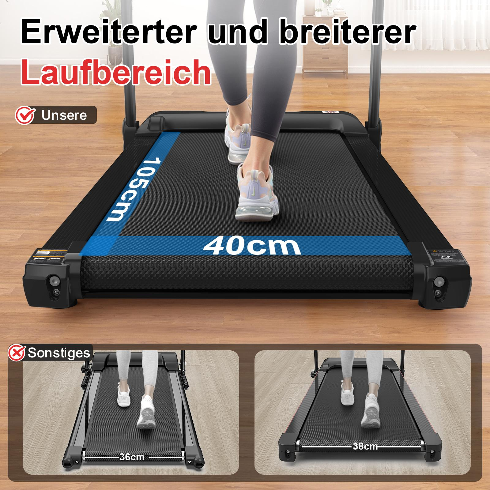 Eine Person geht auf einem Laufband mit den Maßen 105 cm mal 40 cm, wobei Größenvergleiche unten dargestellt sind.