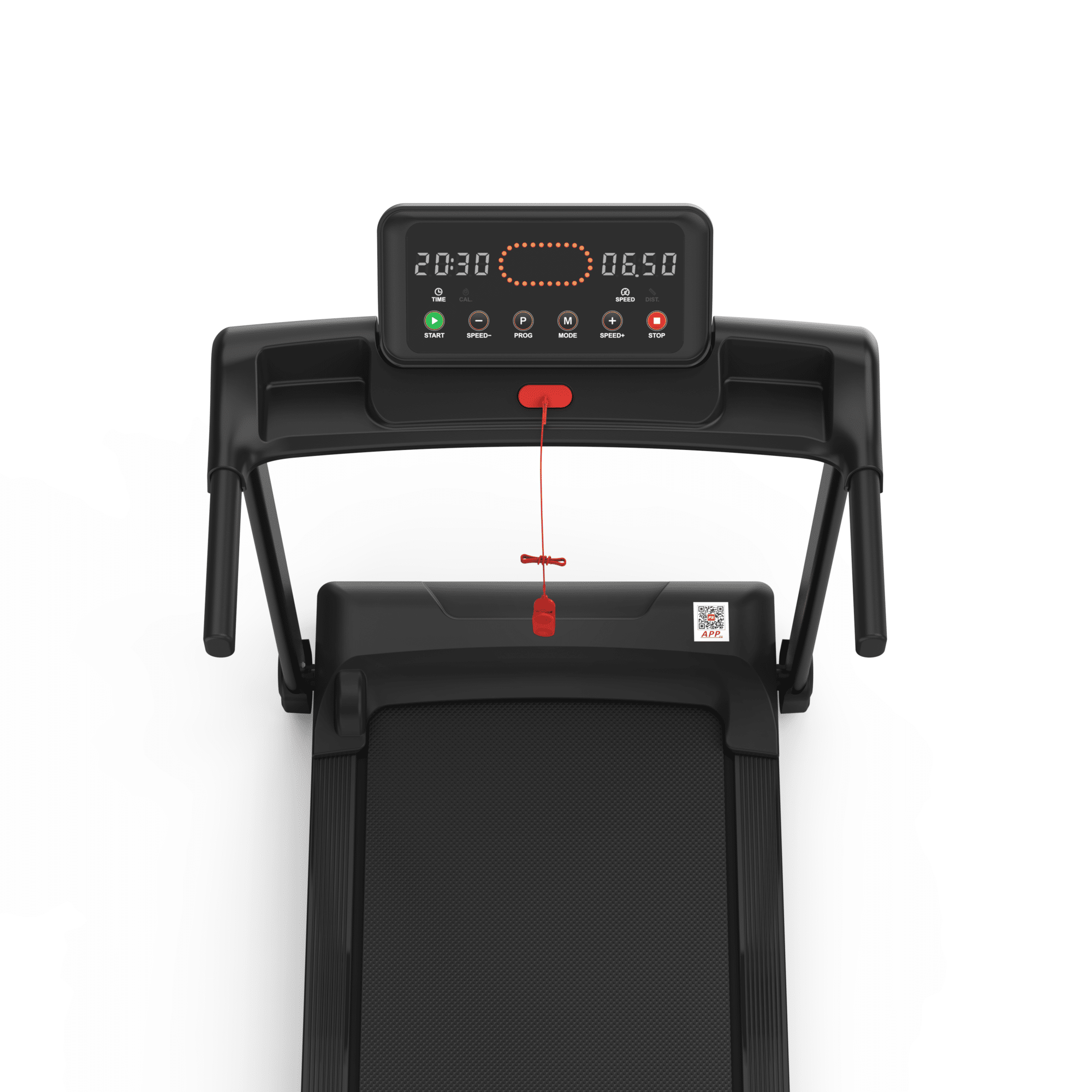 Draufsicht auf ein schwarzes Laufband mit einer Digitalanzeige, die Zeit und Geschwindigkeit anzeigt.