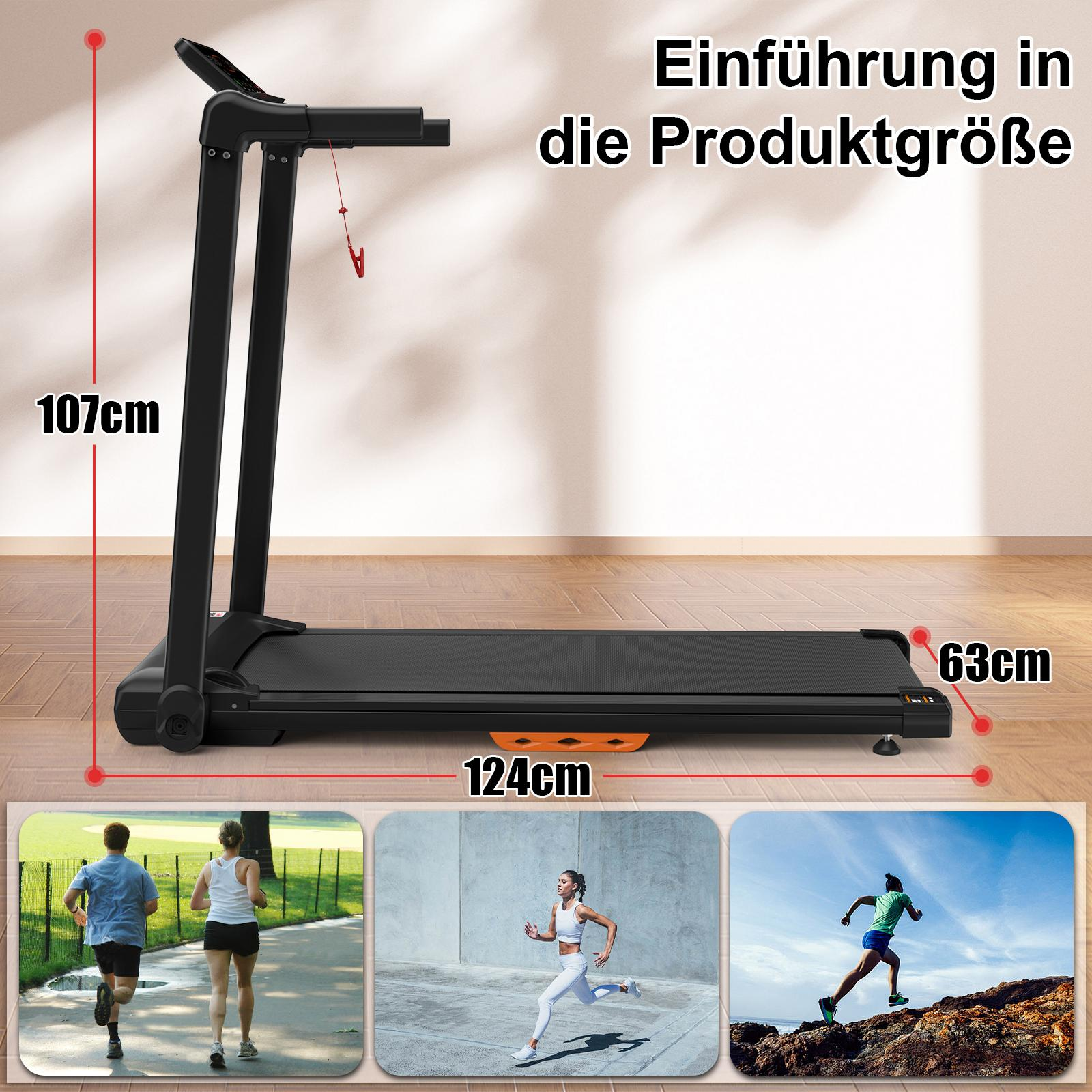 Ein schwarzes Laufband mit beschrifteten Abmessungen und Menschen, die in den unteren Bildern trainieren.