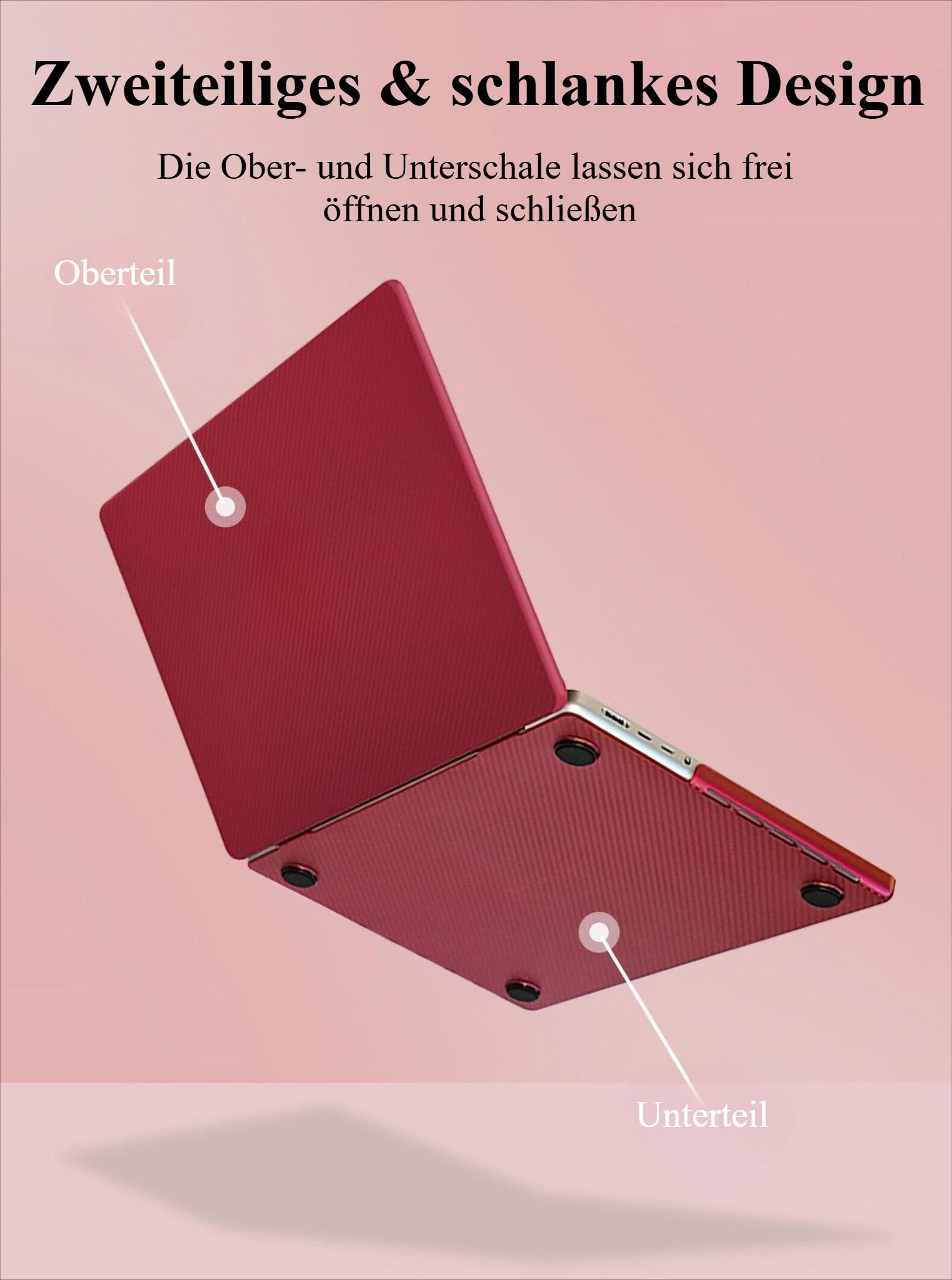 Eine rote Laptoptasche, die einen Laptop teilweise bedeckt und ein zweiteiliges Design zeigt.