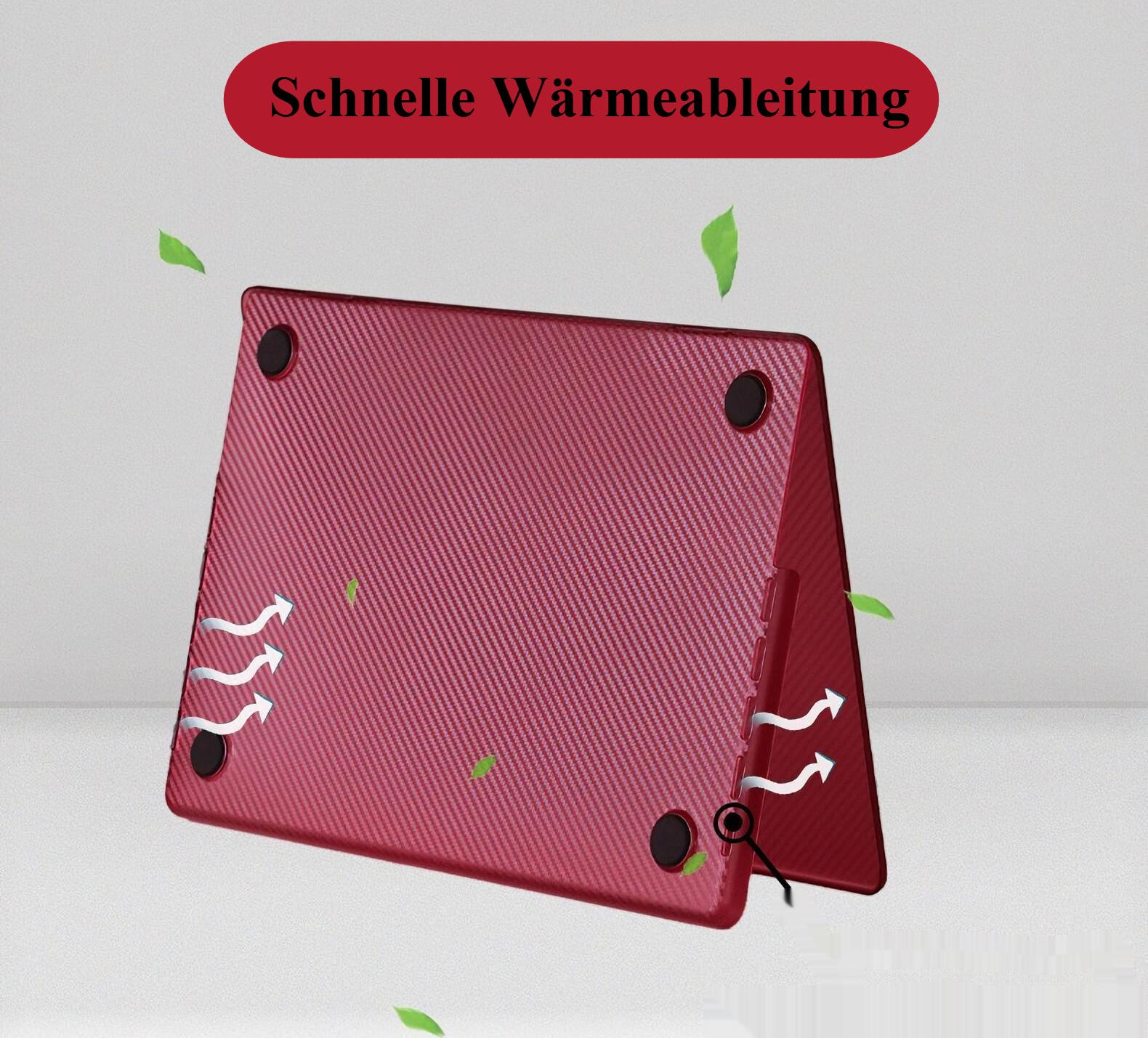 Das Bild zeigt einen roten Laptopständer mit Lüftungsschlitzen und dekorativen Blättern auf grauem Hintergrund.