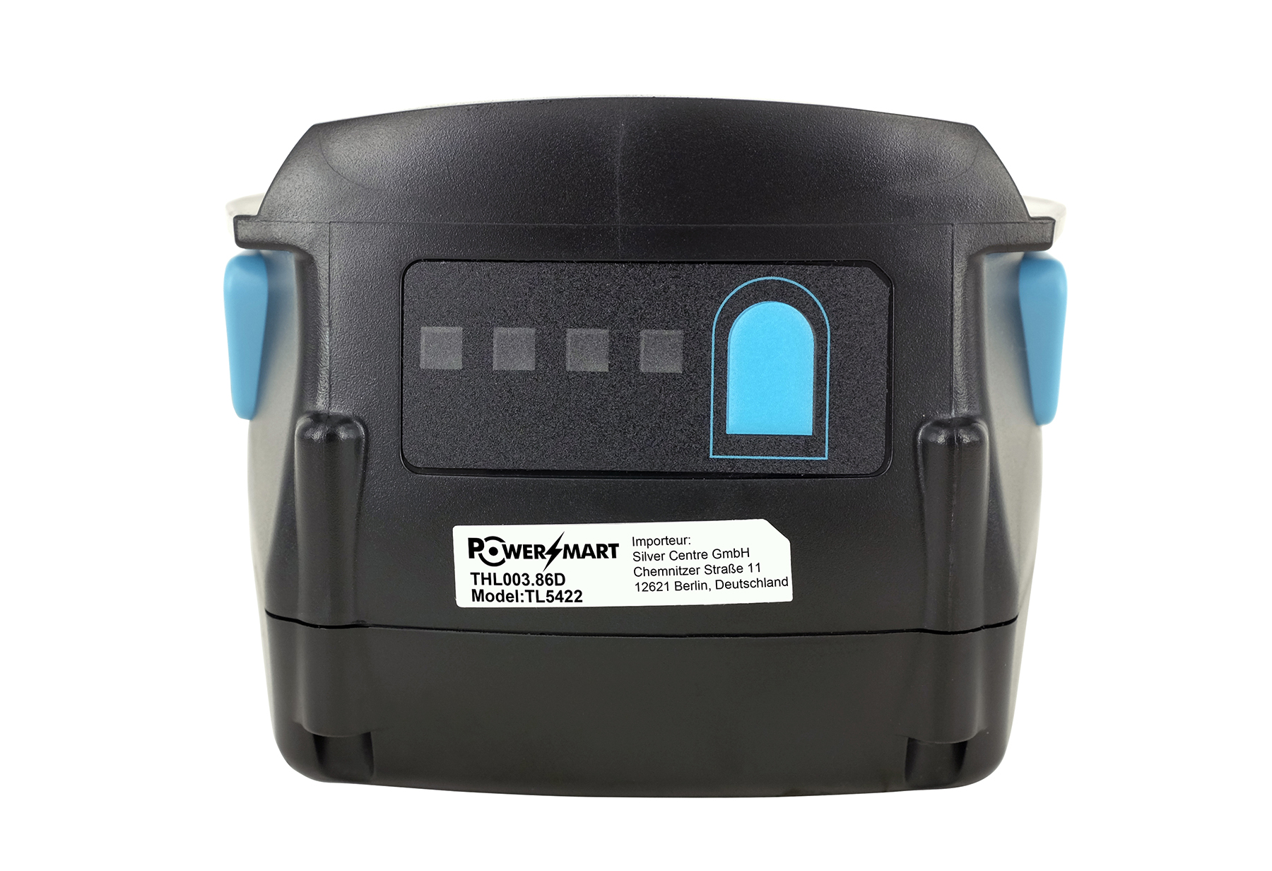 Ein schwarzer PowerSmart-Akku mit blauen Akzenten auf weißem Hintergrund.