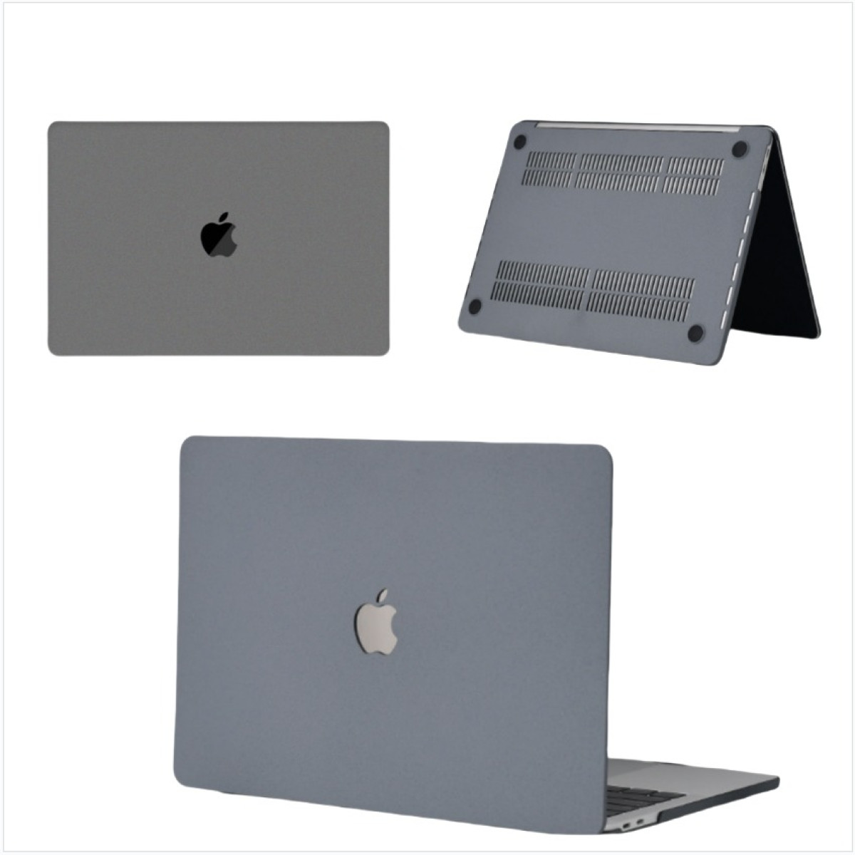 Eine graue Laptoptasche wird aus verschiedenen Blickwinkeln auf weißem Hintergrund gezeigt.