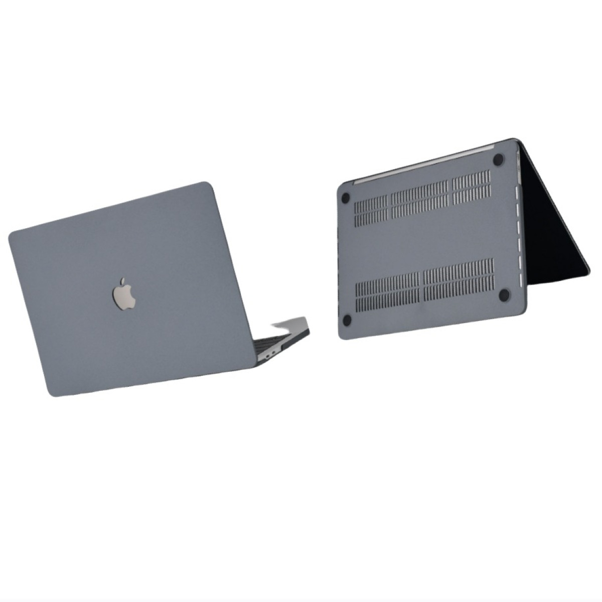 Eine graue Laptoptasche wird aus verschiedenen Blickwinkeln auf weißem Hintergrund gezeigt.