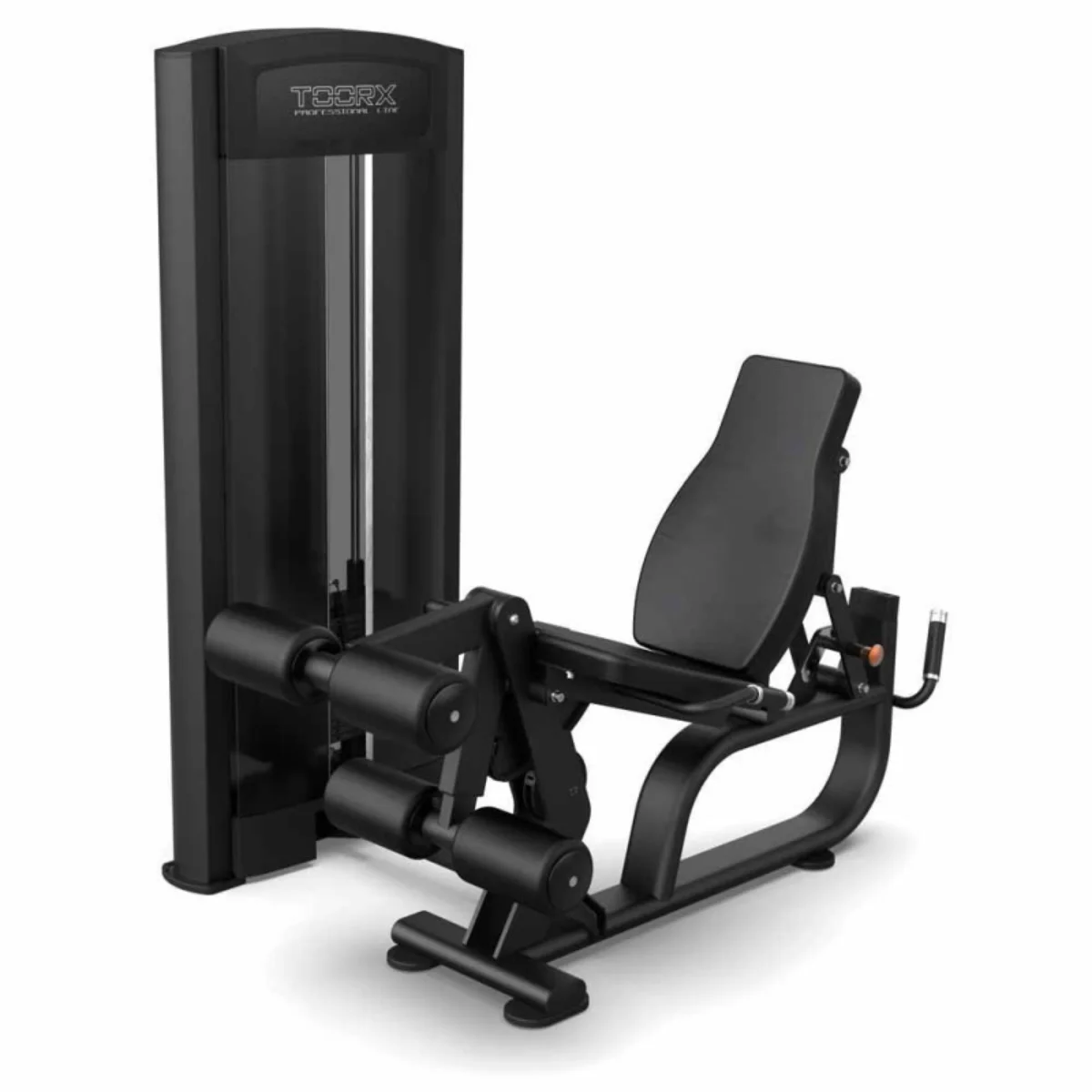Een zwart beenverleng- en curlapparaat, dat het ontwerp van fitnessapparatuur op een witte achtergrond laat zien.