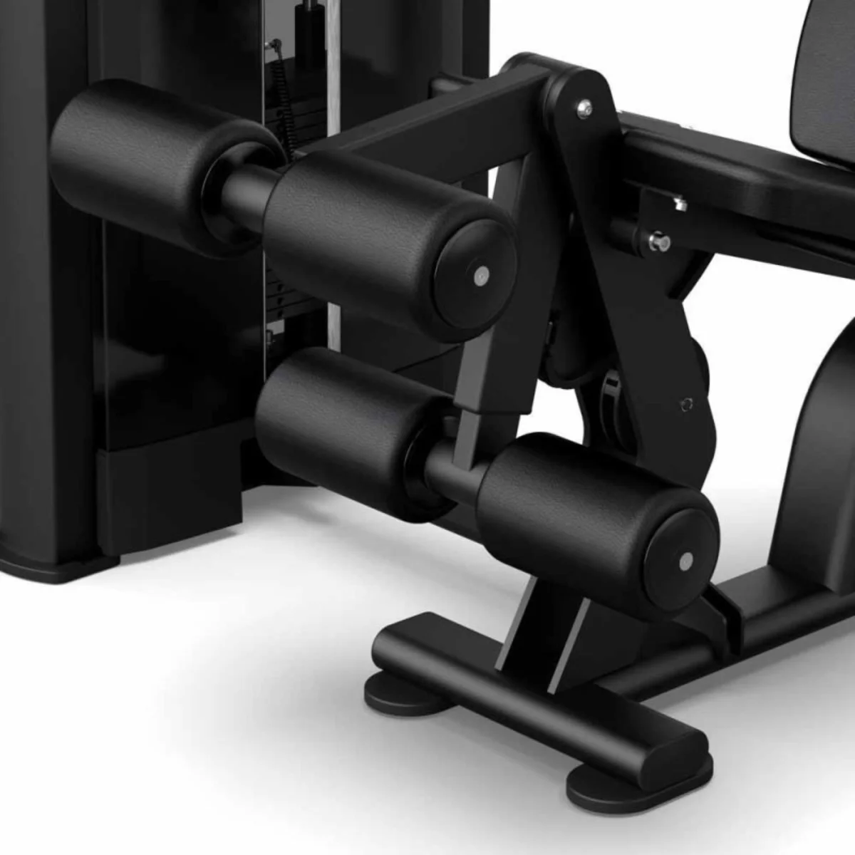 Close-up van een zwarte beenkrulmachine, met gewatteerde rollen en verstelbare instellingen.