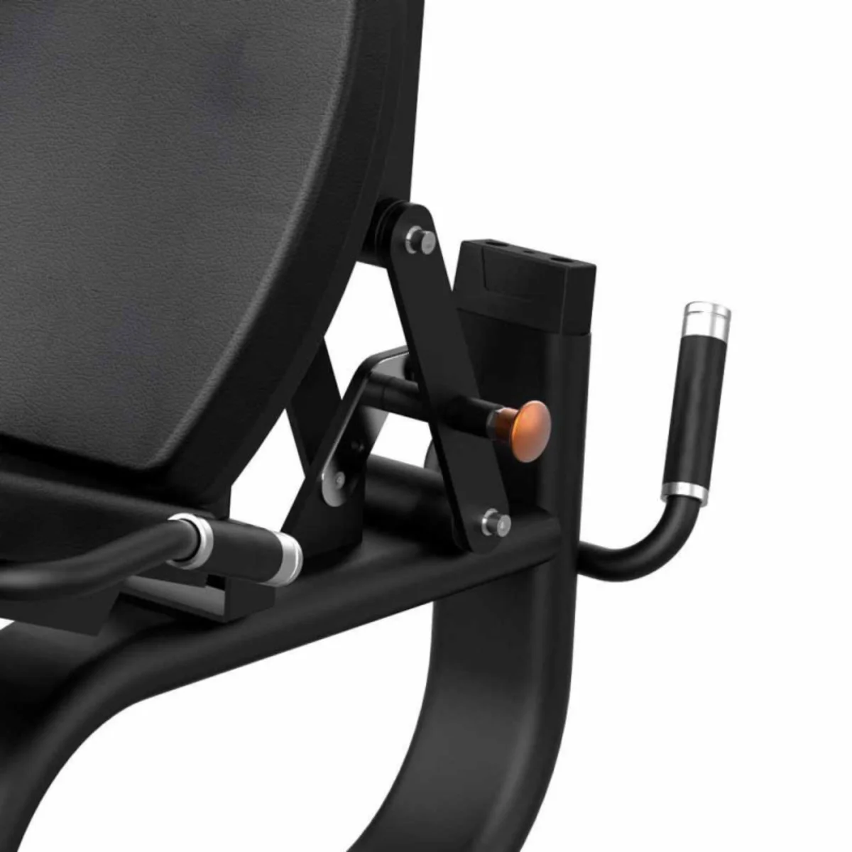 Een close-up toont een zwart stoelverstelmechanisme met een oranje knop en zilveren accenten.