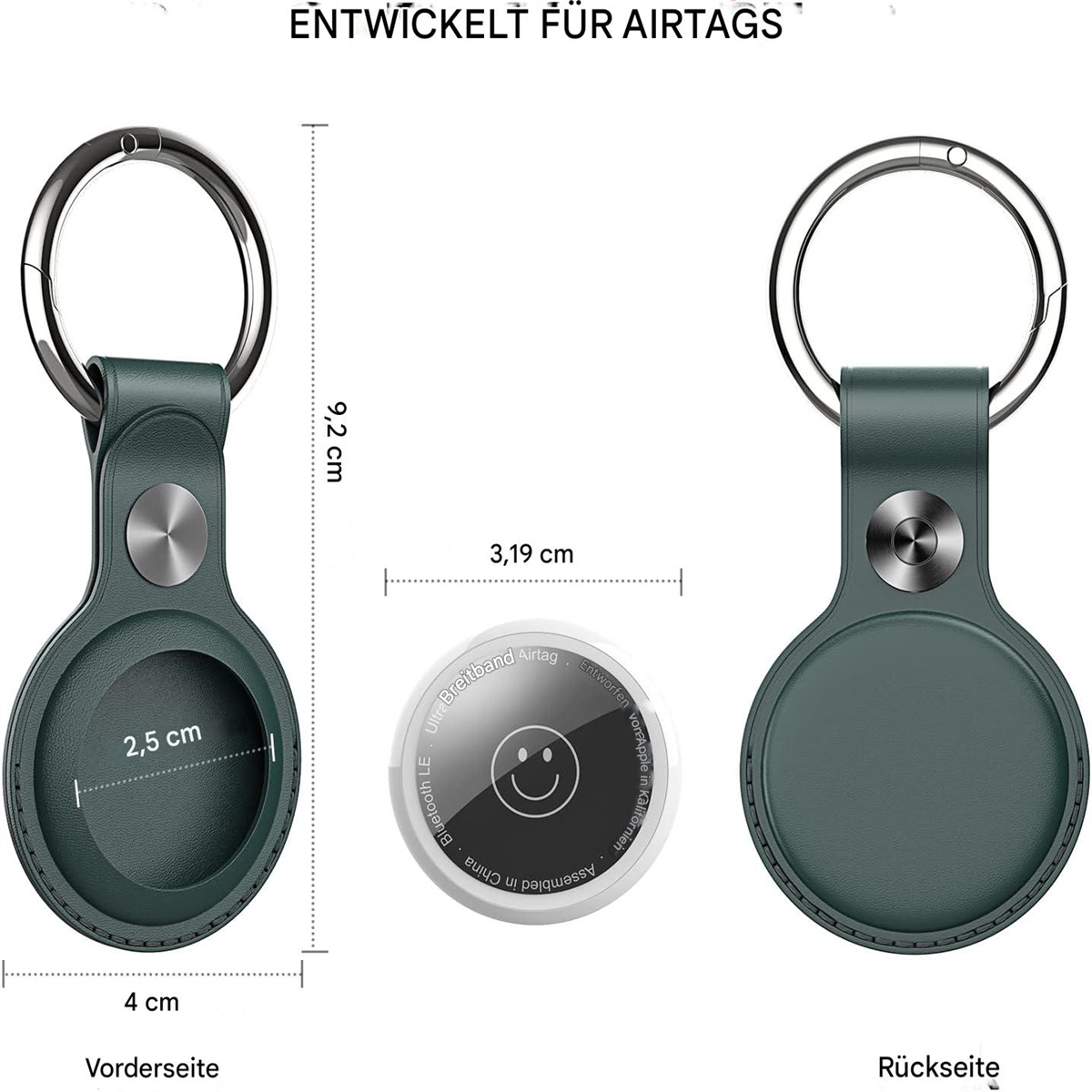 Ein Diagramm mit den Abmessungen eines AirTag-Schlüsselanhängers in Grün, beschriftet auf Deutsch.
