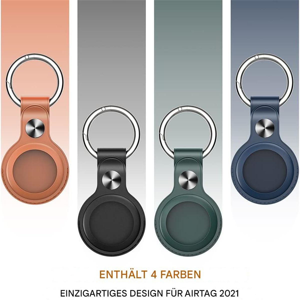 Vier farbenfrohe Schlüsselanhänger mit silbernen Ringen werden auf einem Farbverlaufshintergrund angezeigt.
