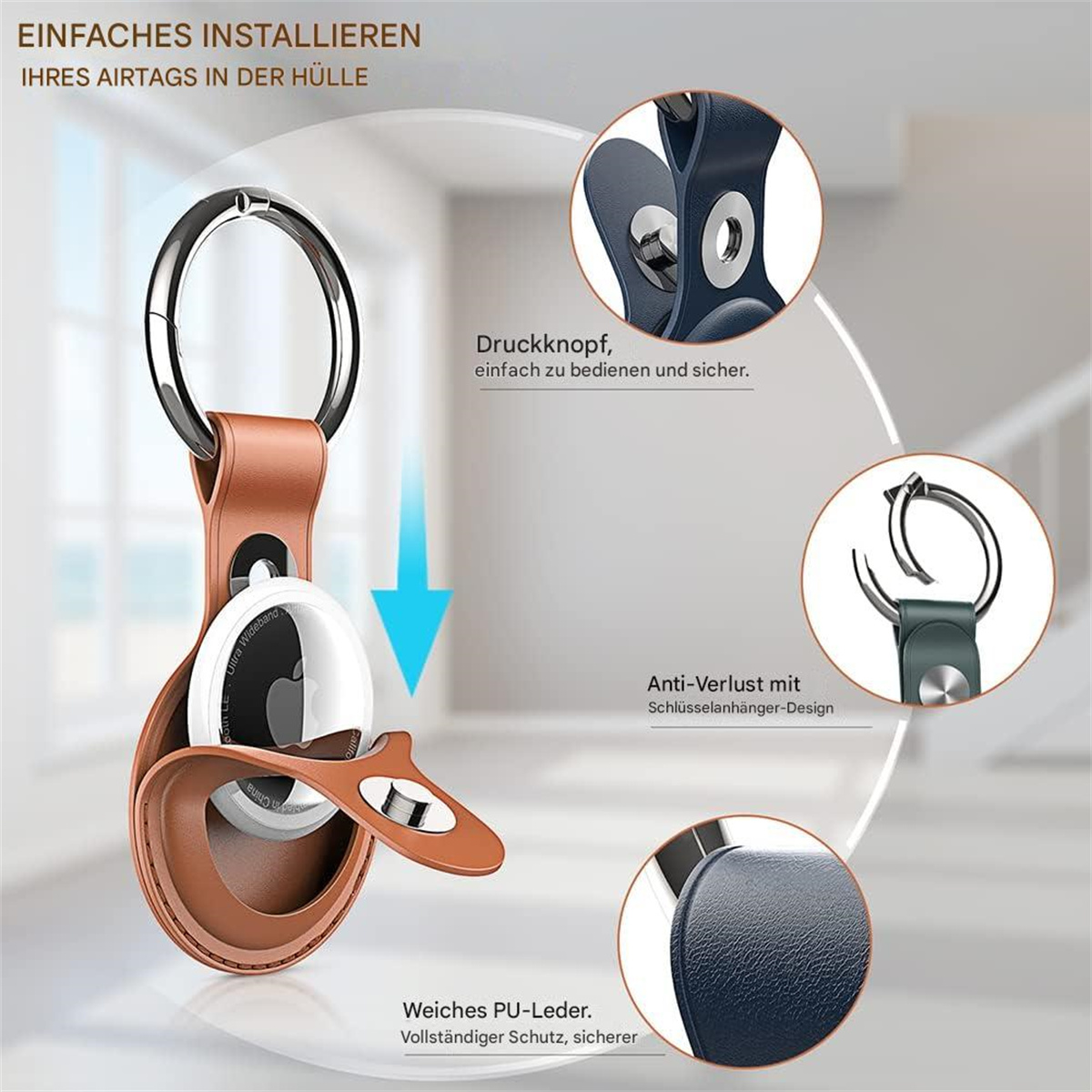 Ein AirTag-Schlüsselanhänger aus Leder mit einem silbernen Ring wird vor einem verschwommenen Hintergrund angezeigt.