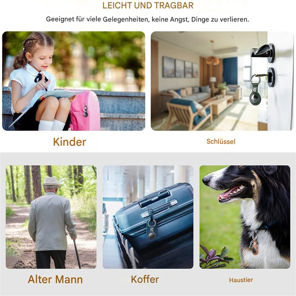 Collage, die einen AirTag-Schlüsselanhänger zeigt, der an einem Kind, Schlüsseln, Gepäck und einem Hundehalsband befestigt ist.