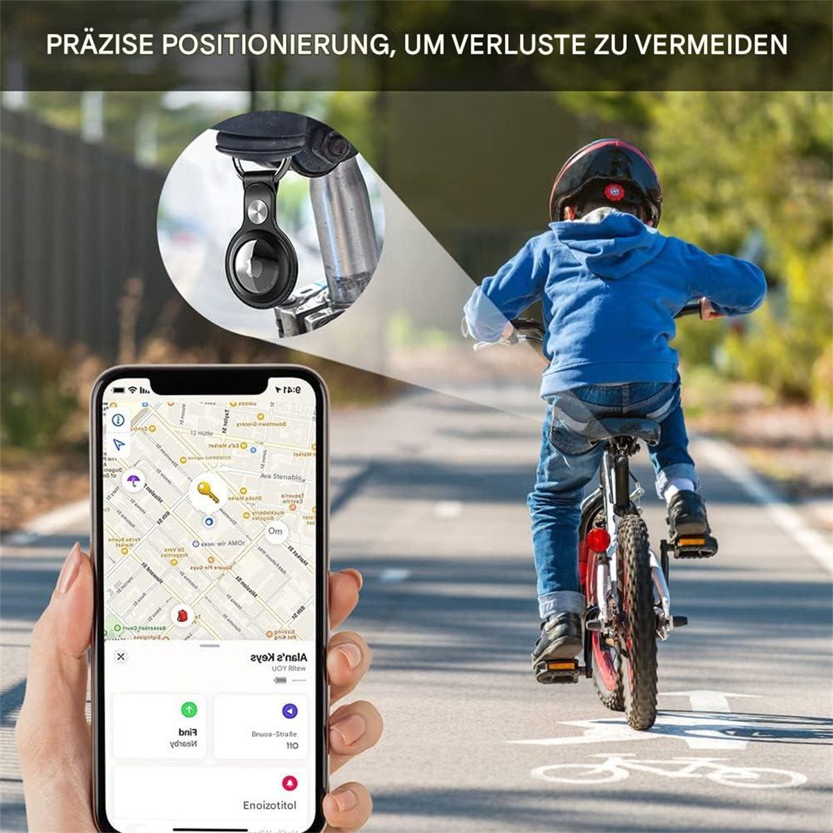Ein Kind fährt Fahrrad, während eine Hand ein Telefon hält, das den Standort per AirTag verfolgt.