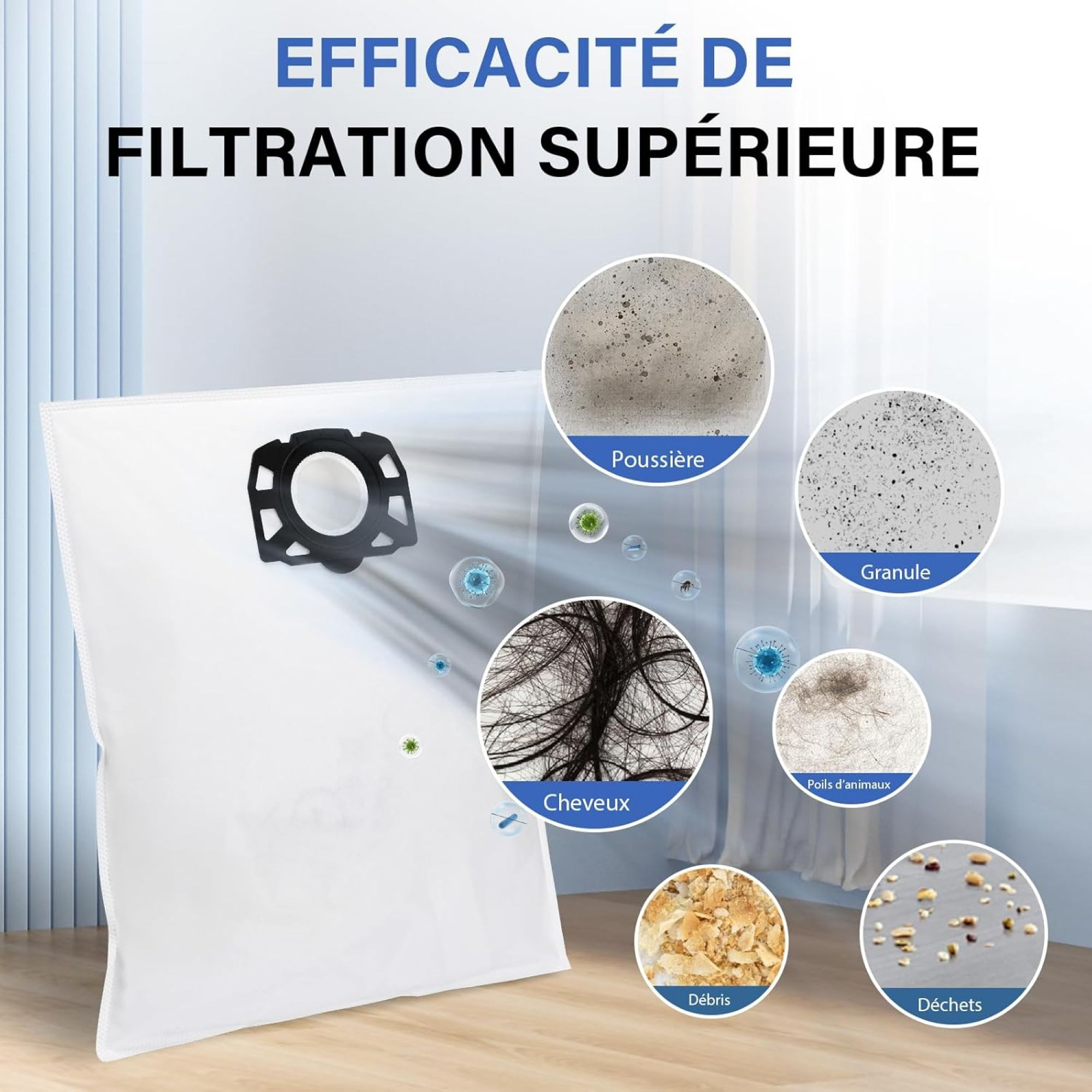Staubsaugerbeutel mit Details verschiedener Arten von Ablagerungen, die durch Filtration entfernt wurden.