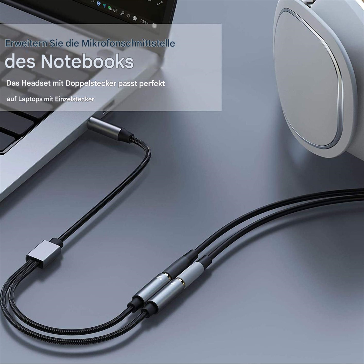Audio-Splitterkabel mit Dual-Kopfhörerbuchsen am Laptop angeschlossen.