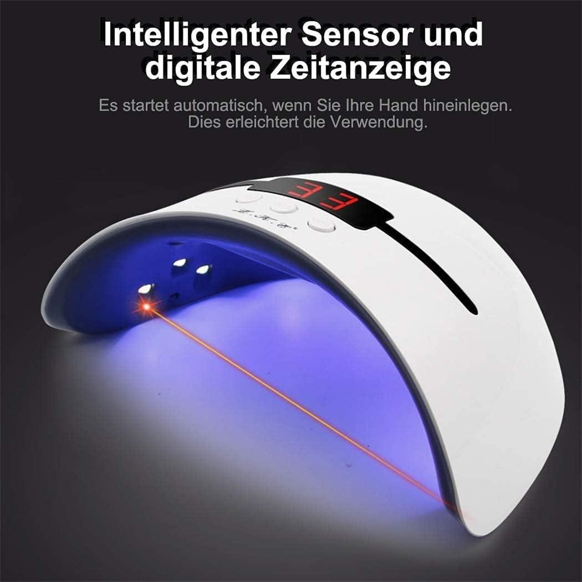 Weiße Nagellampe, die blaues Licht ausstrahlt, mit Timer-Anzeige auf der Oberseite.