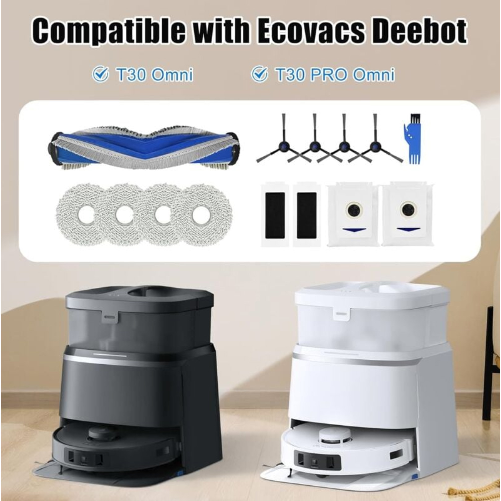 Das Bild zeigt Zubehör und zwei Basiseinheiten für die Ecovacs Deebot T30 Omni und T30 PRO Omni.
