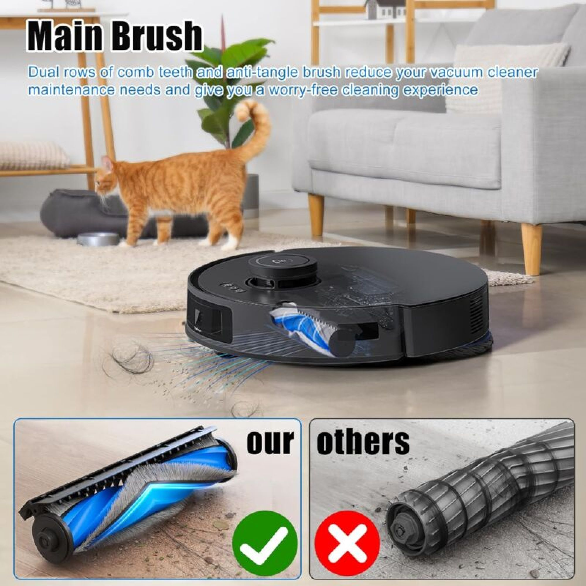Das Bild zeigt einen schwarzen Staubsauger mit einer blauen Bürste und einer Katze im Hintergrund.