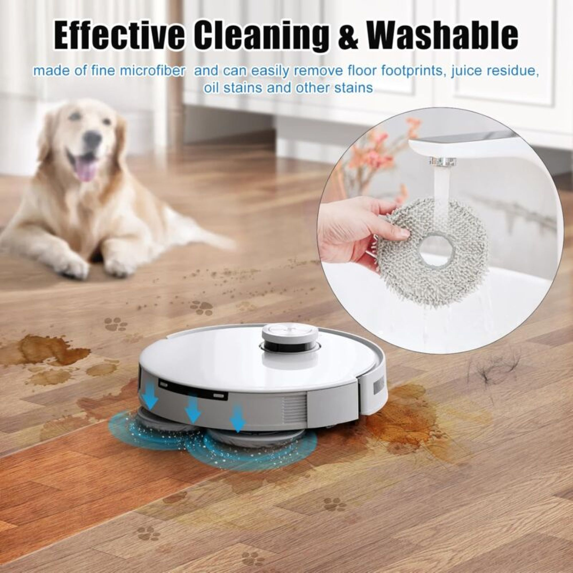 Das Bild zeigt einen weißen Roboterstaubsauger, der einen Holzboden reinigt, mit einem Hund im Hintergrund.