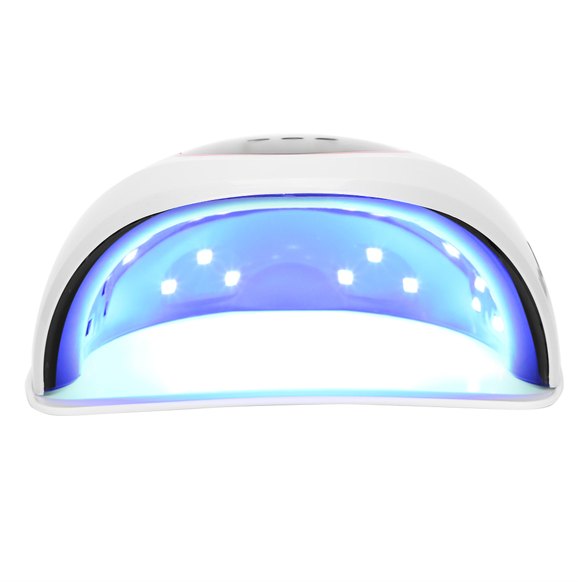 Eine weiße Nagellampe mit blauem Licht wird gezeigt, die entwickelt wurde, um Nagellack schnell und effektiv auszuhärten.