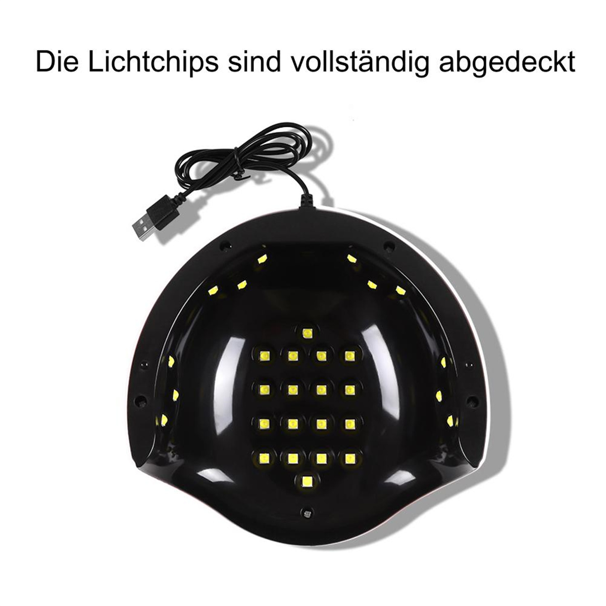 Eine schwarze Nagellampe mit gelben Lichtern und einem USB-Kabel steht auf einem weißen Hintergrund.