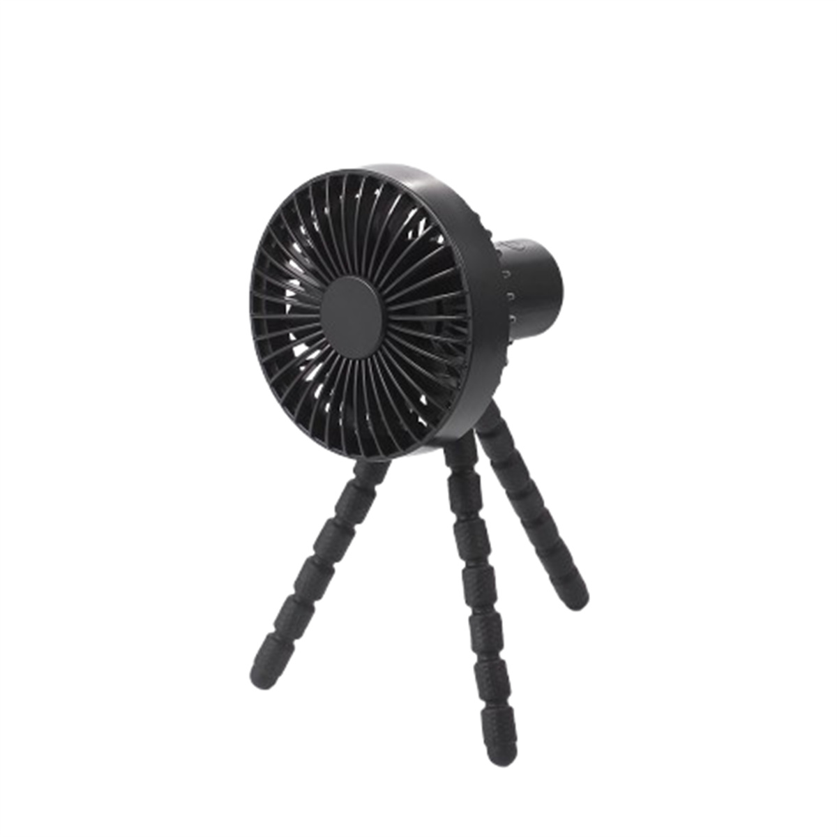 Ein kleiner schwarzer Ventilator mit Stativ steht auf einem weißen Hintergrund.