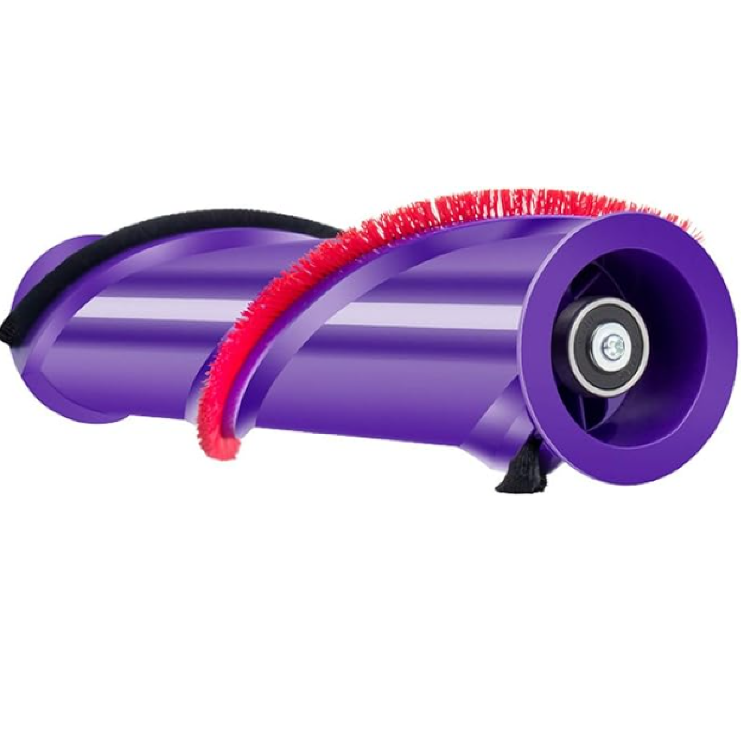 Eine violette Staubsaugerwalzenbürste mit roten Borsten vor einem weißen Hintergrund.