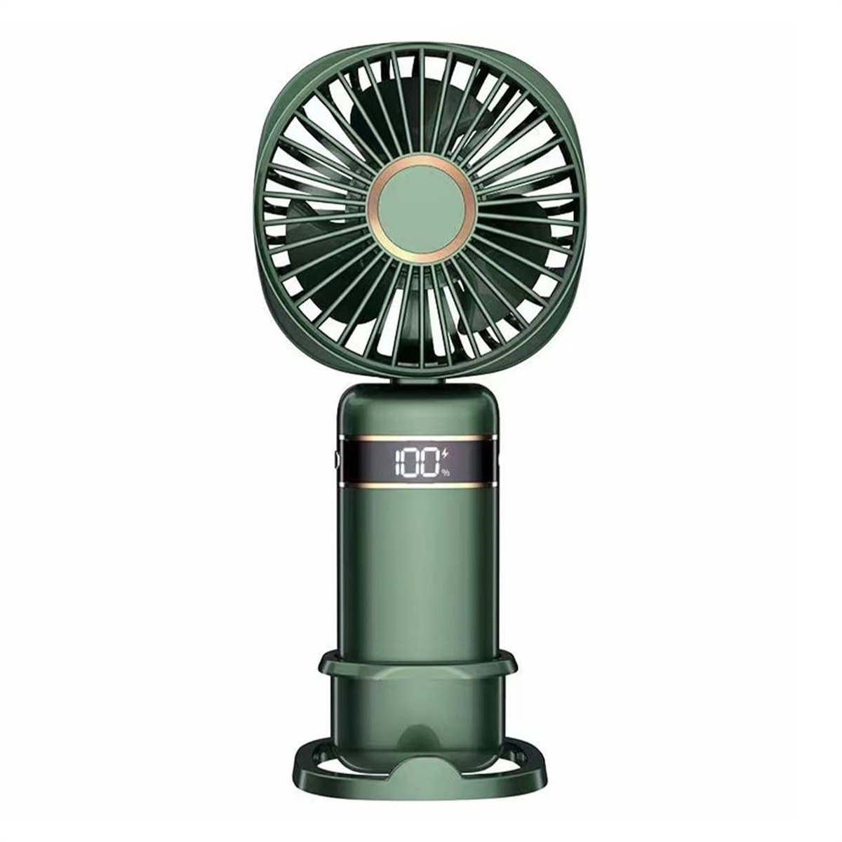 Ein grüner tragbarer Ventilator mit Digitalanzeige, die 100 % anzeigt, steht auf einem Sockel.