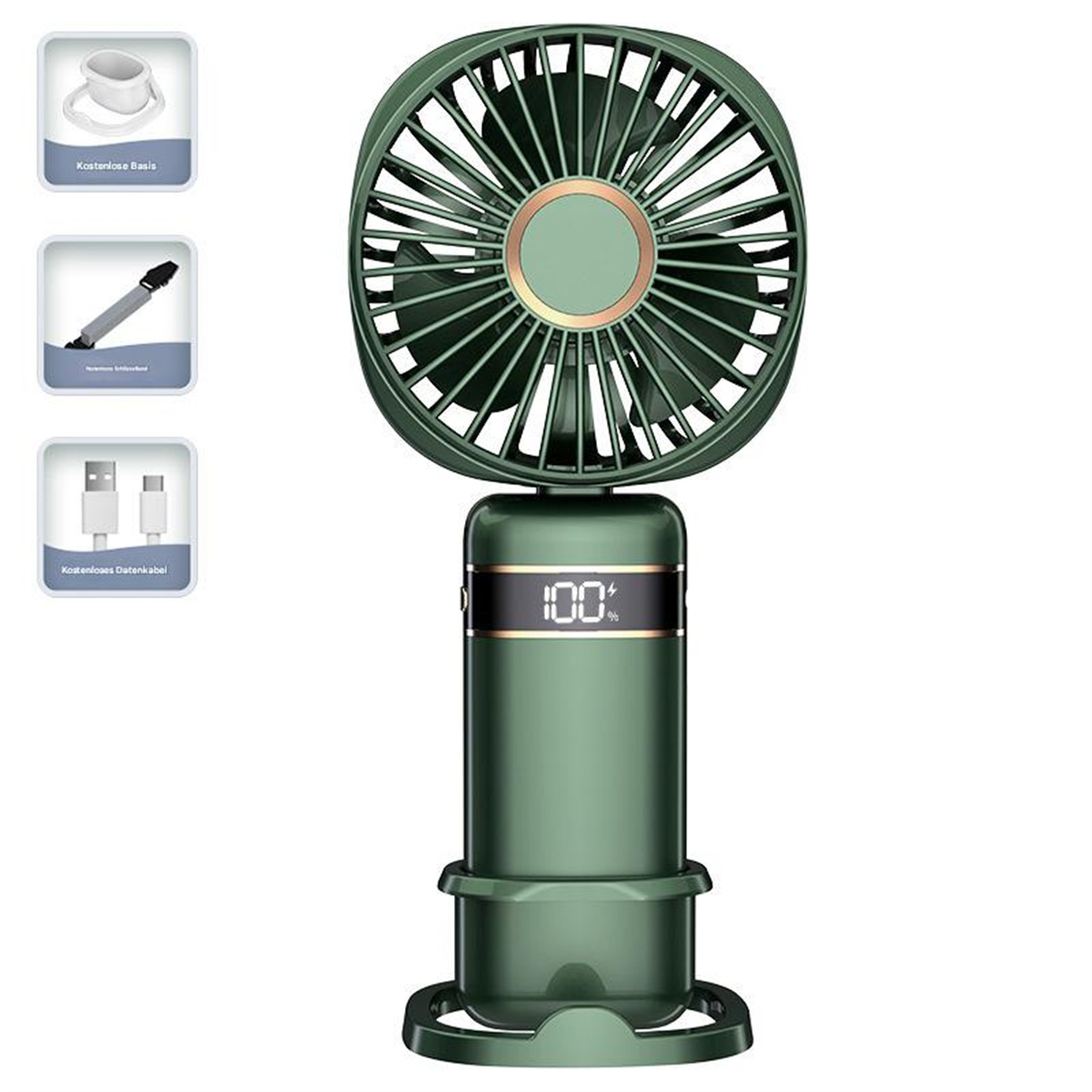 Ein grüner tragbarer Ventilator mit Digitalanzeige, die 100 % anzeigt, steht auf einem Sockel.