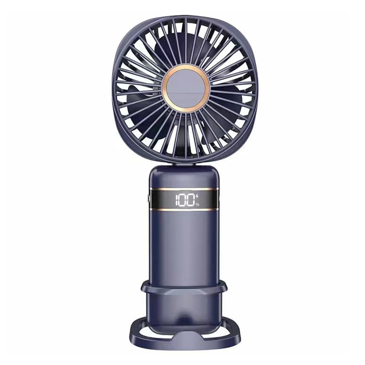 Ein kleiner, dunkelblauer tragbarer Ventilator mit einer Digitalanzeige, die 100 % anzeigt, auf weißem Hintergrund.