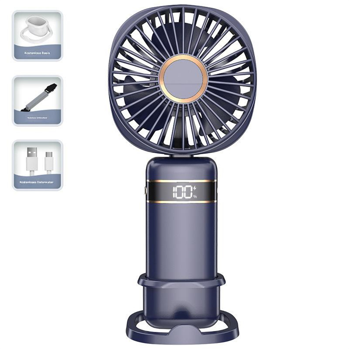 Ein blau-grauer tragbarer Ventilator mit Digitalanzeige 100%. Der Ventilator befindet sich auf weißem Hintergrund.
