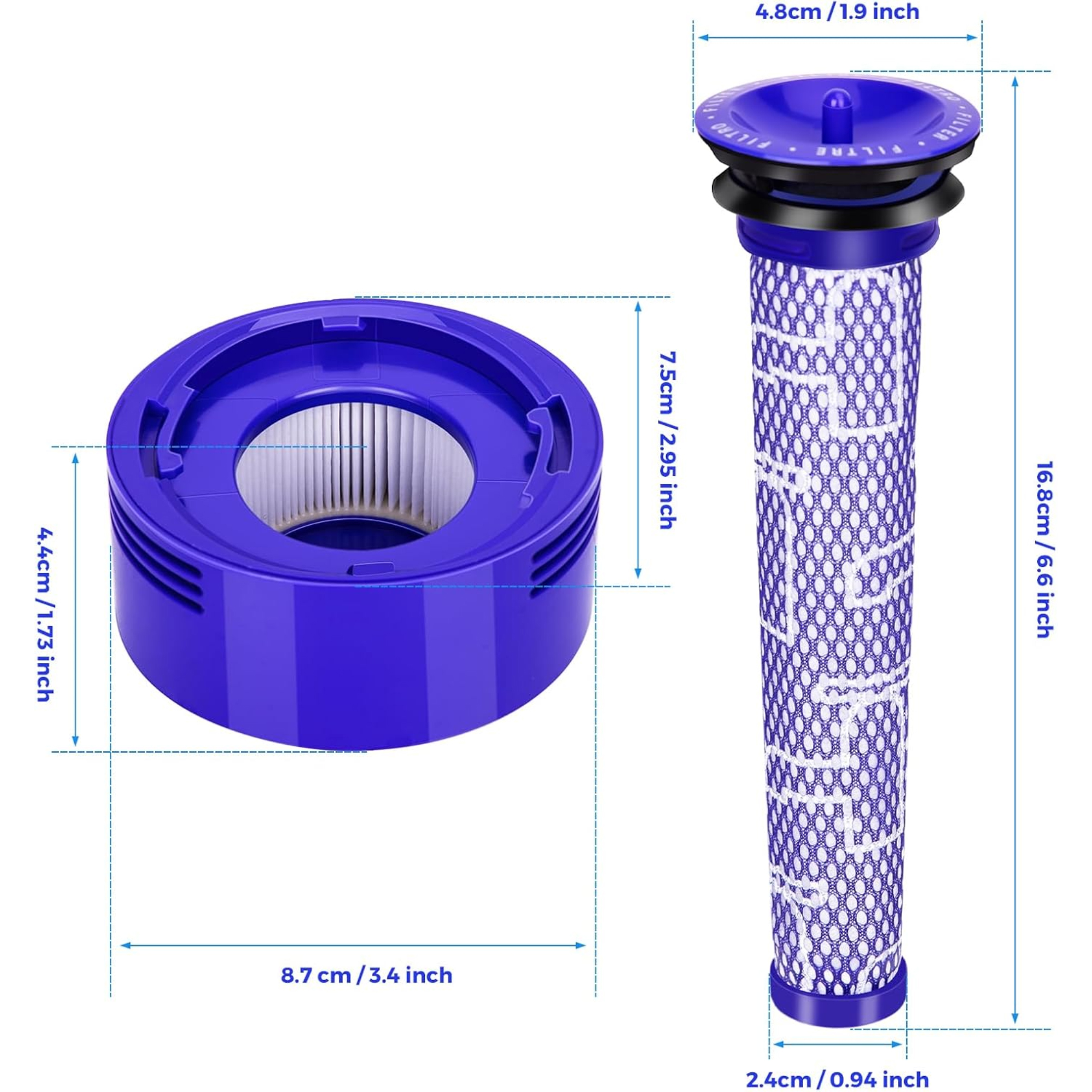 Nahaufnahme eines Staubsaugerfilters mit Abmessungen in Zentimetern und Zoll. Der Filter ist lila und weiß.