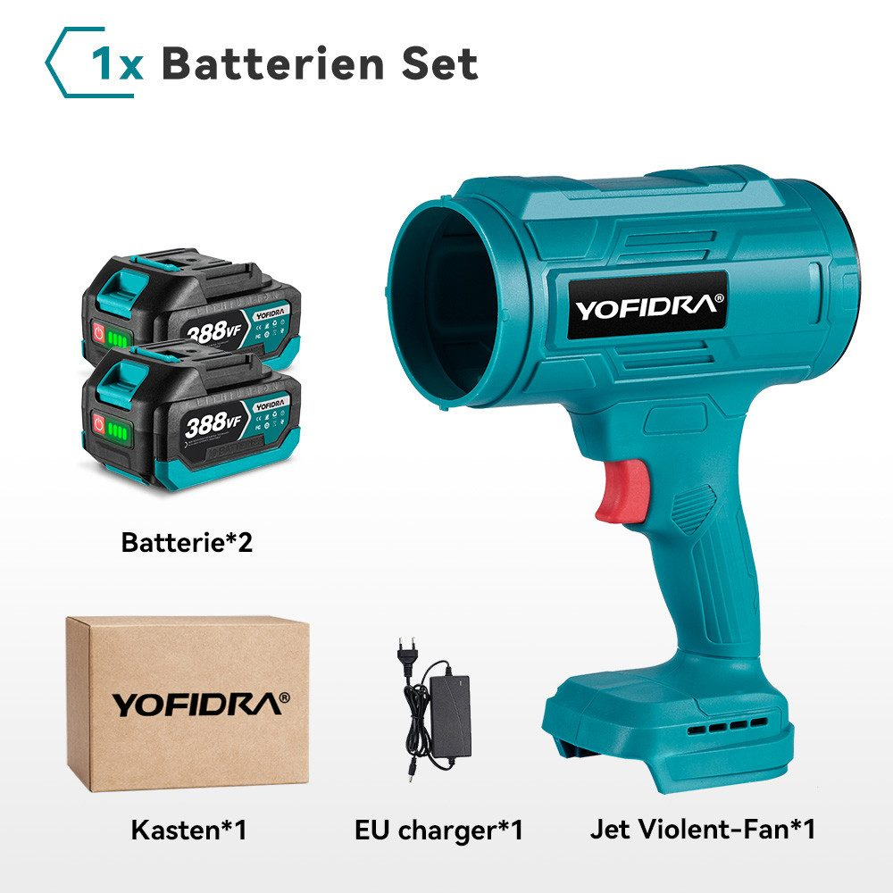 Das Bild zeigt einen türkisfarbenen Yofidra-Ventilator, zwei Batterien, ein Ladegerät und einen Karton auf weißem Grund.