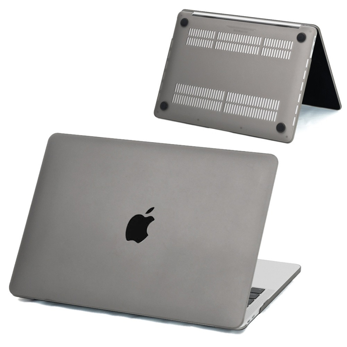 Graue Laptop-Hülle mit Apple-Logo. Eine Hülle geöffnet, Innenansicht. Weißer Hintergrund, Draufsicht.