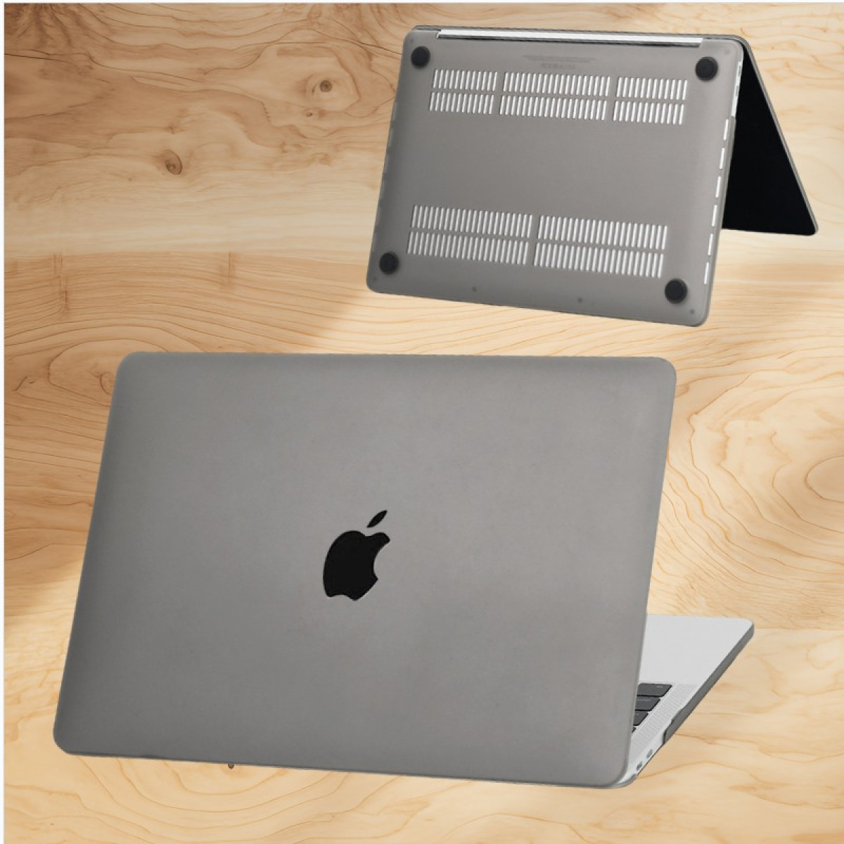 Grauer Laptop mit Apple-Logo. Oben ist ein weiterer, der die Unterseite zeigt.