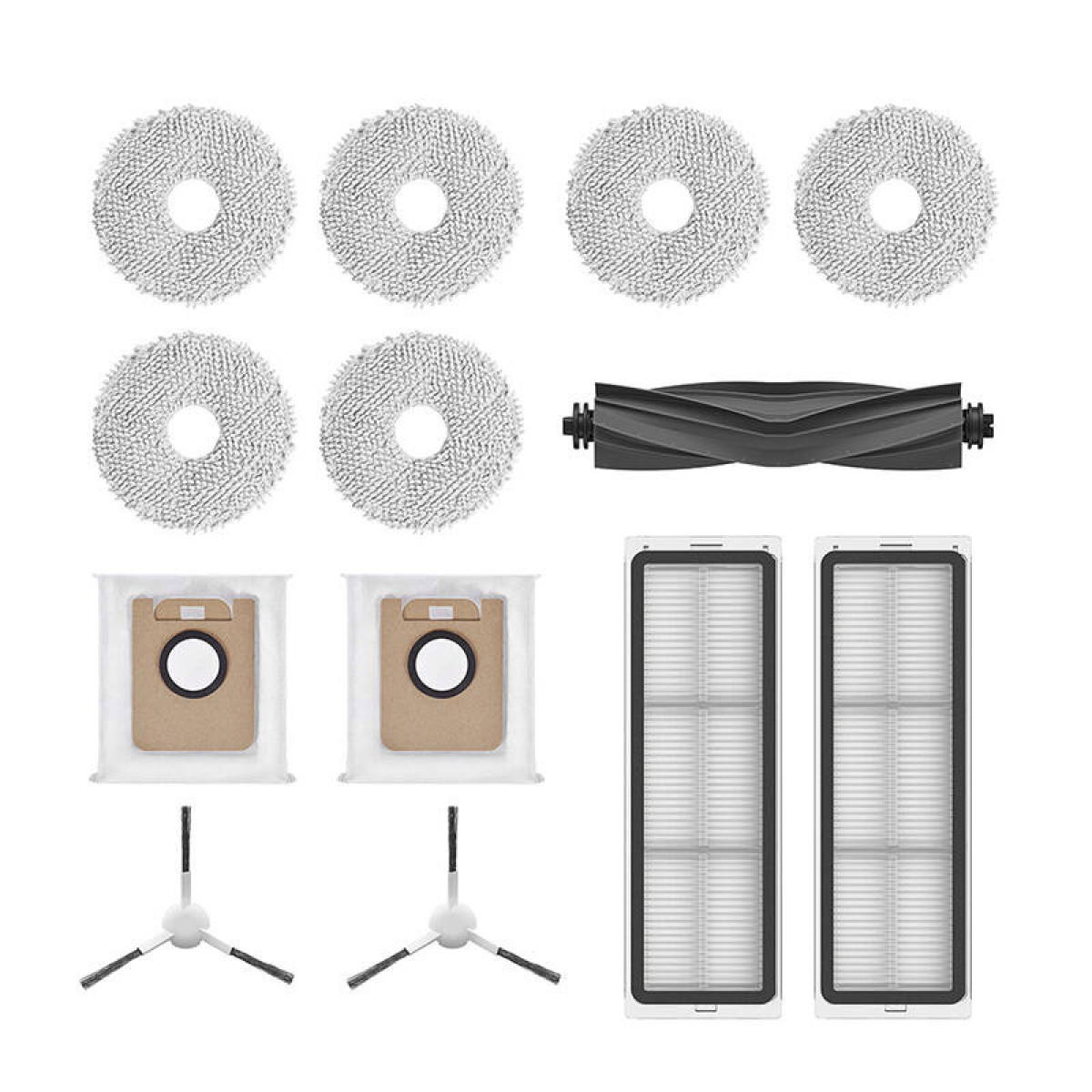 Una colección de suministros de limpieza para un robot aspirador sobre un fondo blanco.