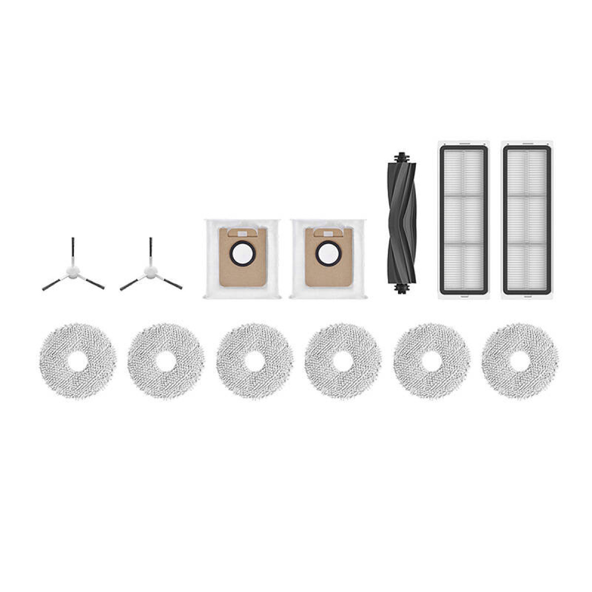 Una colección de suministros de limpieza para un robot aspirador sobre un fondo blanco.