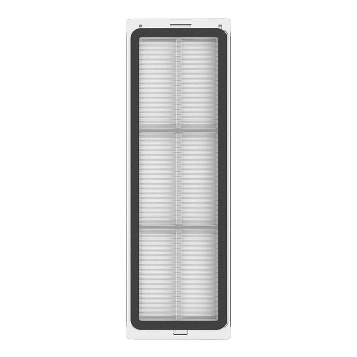 Un filtro de aire rectangular con un marco blanco y medios filtrantes en capas, visto verticalmente.