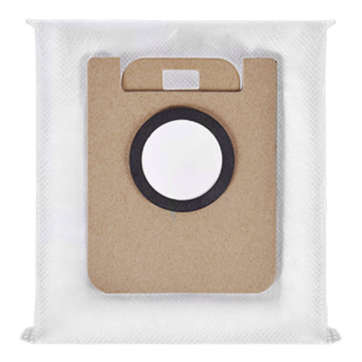 Una bolsa de polvo color canela con un círculo blanco y negro, dentro de una bolsa de plástico transparente.