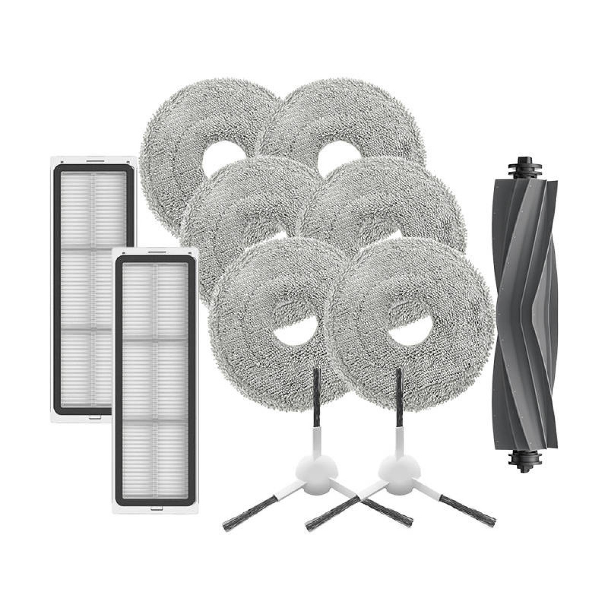 Akcesoria do odkurzacza: kilka szarych okrągłych podkładek, szczotek, filtrów i szczotka rolkowa, wszystko na białej powierzchni.