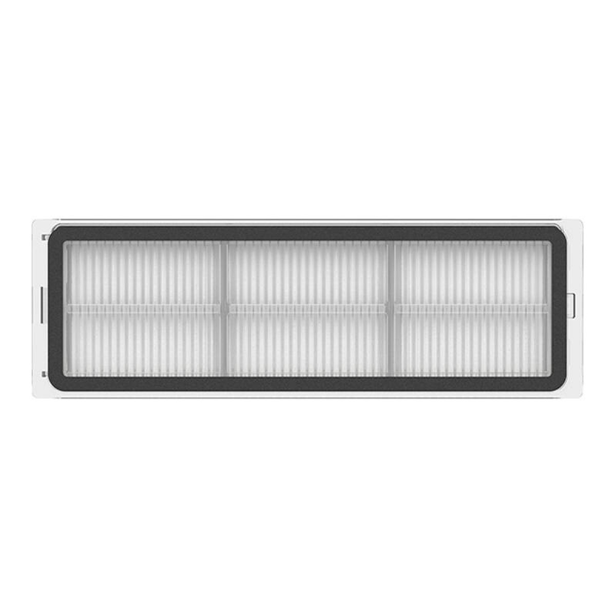 Prostokątny filtr do odkurzacza z czarną ramką i białym, plisowanym filtrem w środku.