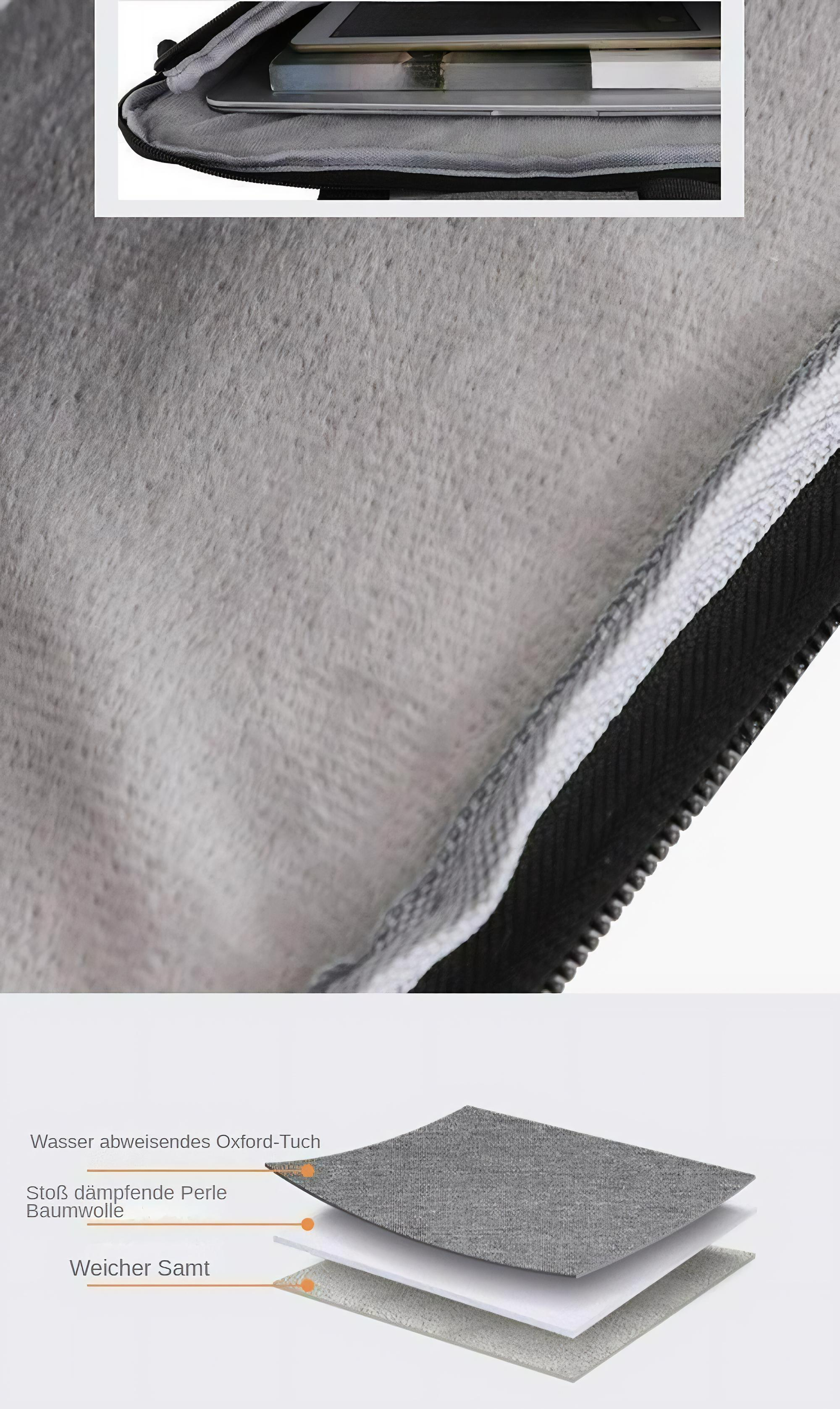 Nahaufnahme des Inneren einer grauen Laptoptasche, die das Plüschfutter und die geschichtete Konstruktion zeigt.