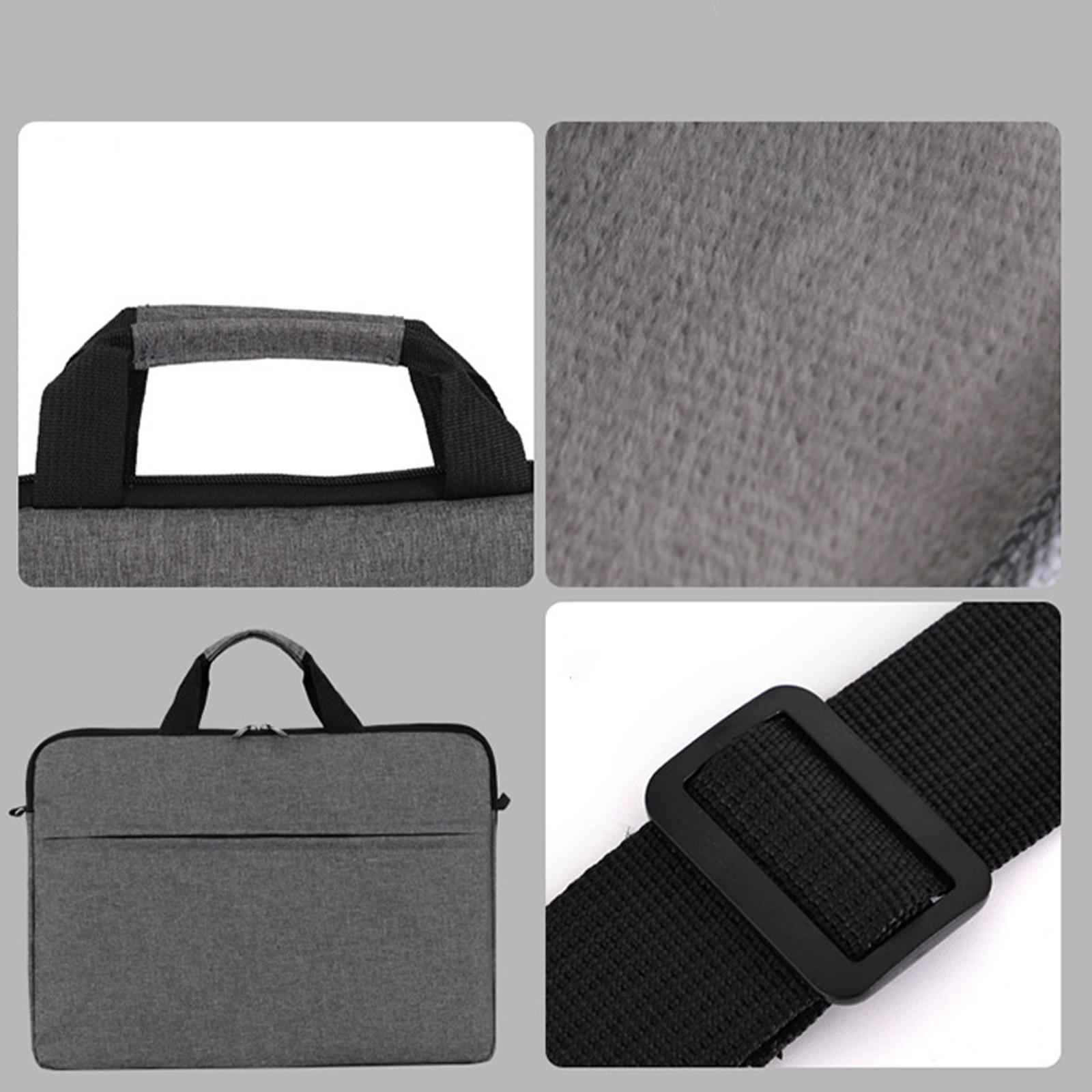 Collage mit Details einer grauen Laptoptasche, einschließlich Griff, Innenraum, ganzer Tasche und Gurtschnalle.